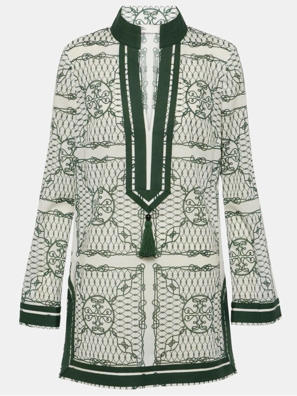 Tory Burch Monogram Green Ivory Knot Tunic with Tassel NWT